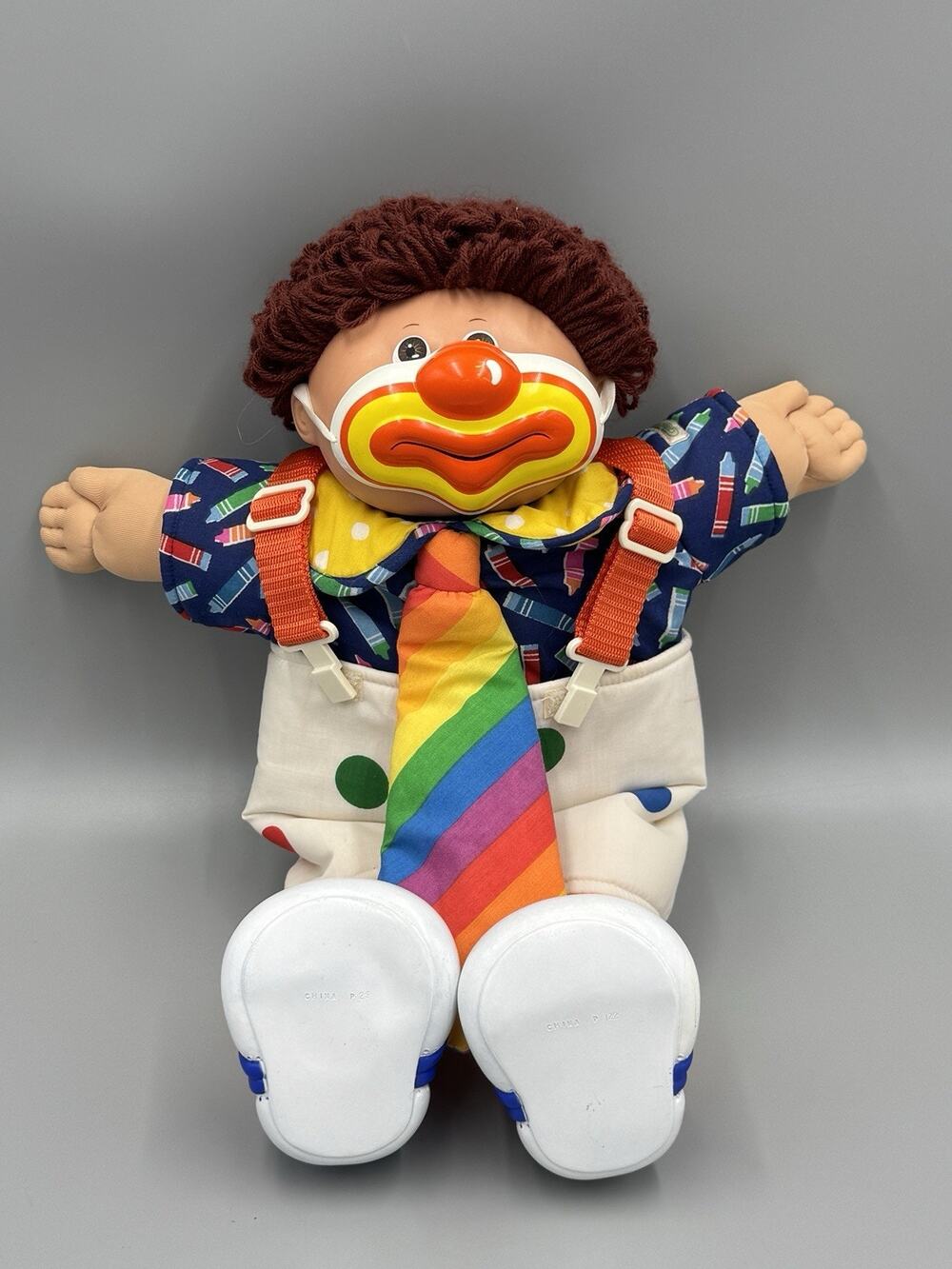 Vintage Cabbage Patch Circus Clown Doll Rainbow Tie & Crayon Shirt Brown Hair